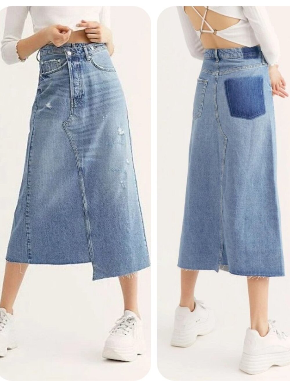 WE THE FREE People Reworked Asymmetrical Distressed Denim Jean Midi Skirt SMALL
